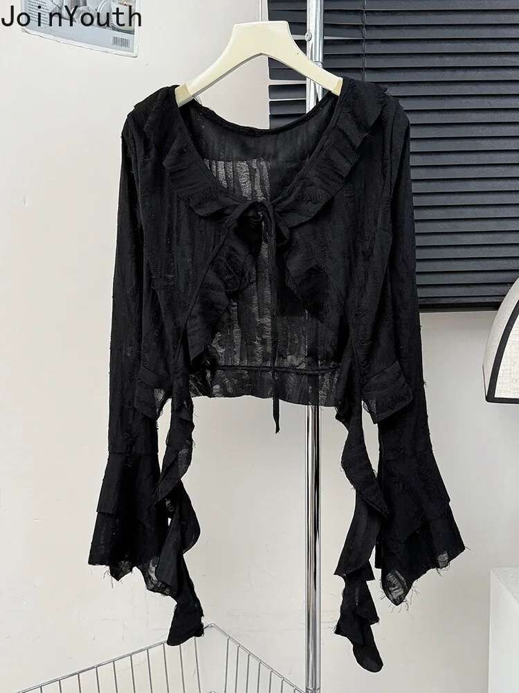 Irregular Crop Tops Blouses Women Hole Flare Sleeve Bandage Shirts 2025 Blusas Mujer De Moda Ruffles See Through Summer Blouse