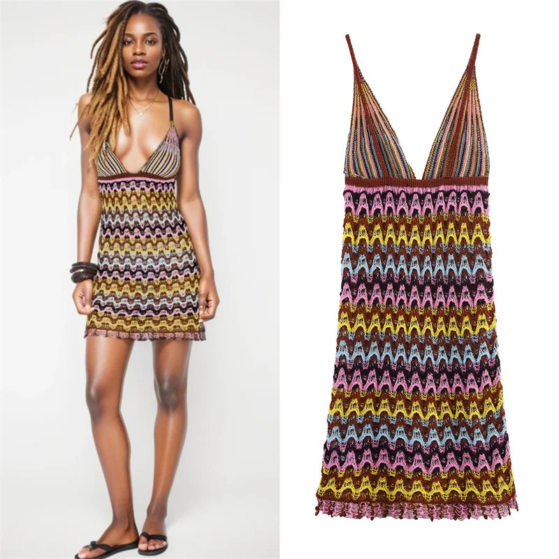 Womens Dresses Summer 2025 Rainbow Knitted Suspender Mini Dress Sexy Deep VNeck n Stylish personality 250616