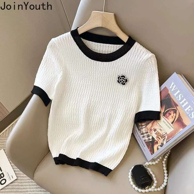 Knitted Woman Tshirts Ropa Mujer Short Sleeve O-neck Summer Tees Loose Fashion Korean T Shirt Crop Tops 2025 Shirts for Women