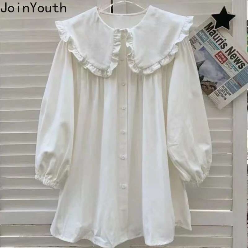Dresses for Women Ruffles Peter Pan Collar Long Sleeve Oversized Robe Femme A-line Sweet Shirt Dress 2025 Vestidos De Mujer