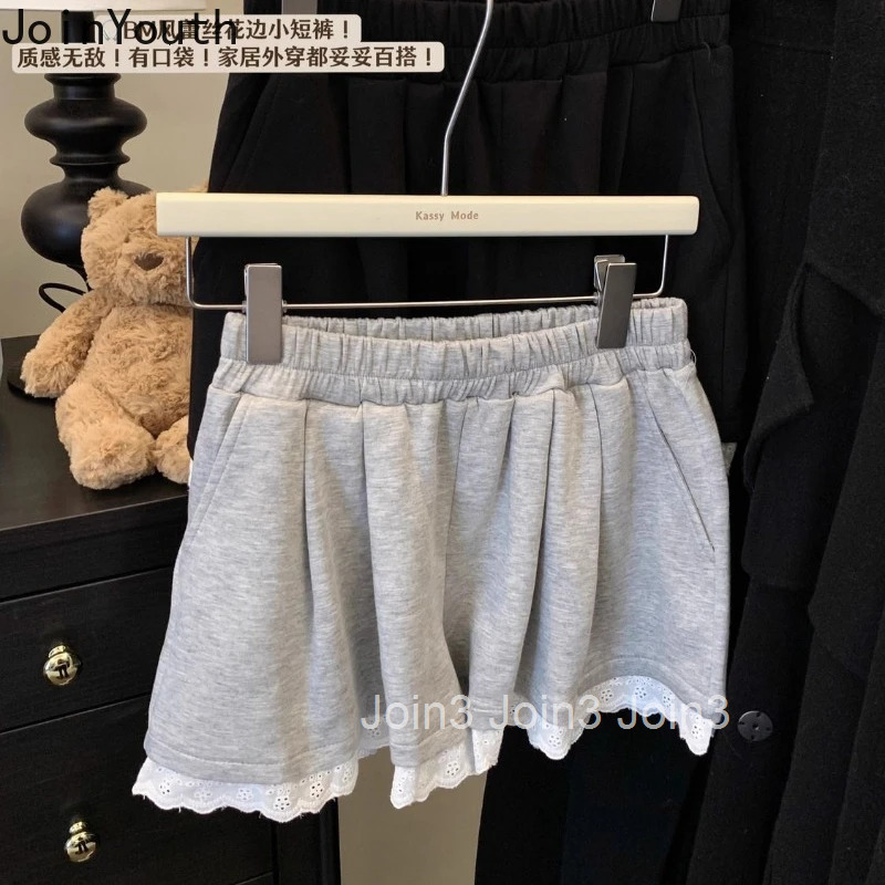 Patchwork Lace Cute Shorts Womens Clothing Casual Sweet Y2k Wide Leg Pants Japanese Pantalones Cortos De Mujer 2025 New Bottoms