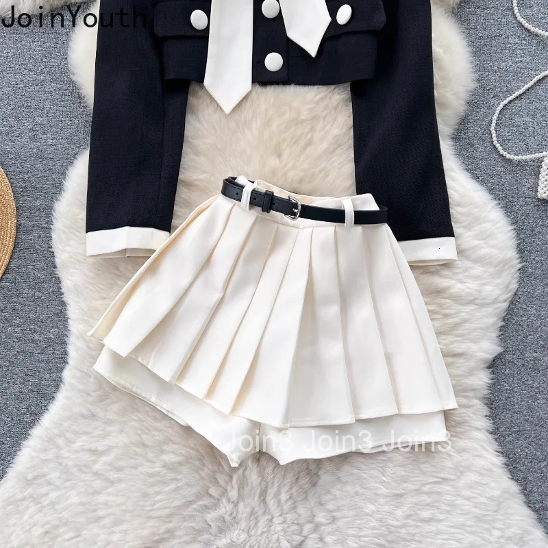 Women Clothing 2 Piece Skirt Set Roupas Femme Bandage V-neck Tunic Crop Tops High Waist Pleated Mini Skirts Outfits Fashion Suit