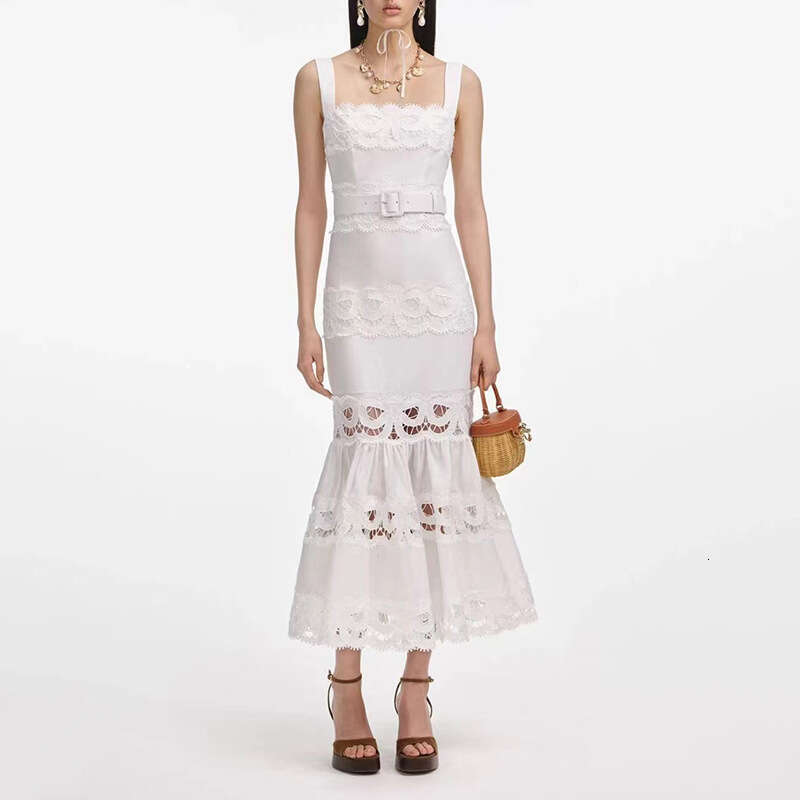 White Skirt Maxi Skirt Vacation Style Long Summer New Fashion Hollow Embroidery Strap Mermaid Design Dress For Women Long Skirt