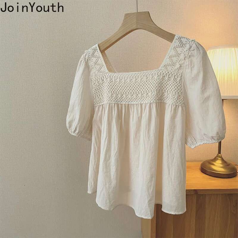 Summer Blouse Women Square Collar Short Sleeve Loose Shirts 2025 Blusas De Mujer Vintage Loose Blouses Hollow Out Korean Tops