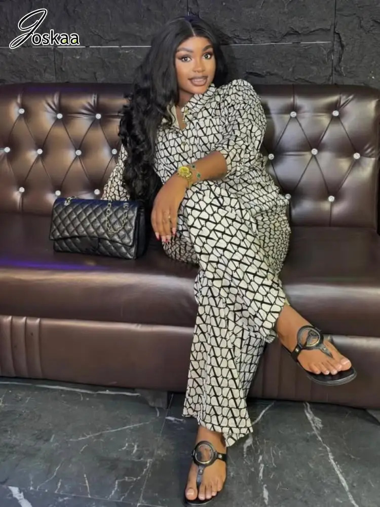 Joskaa Print 2 Piece Sets Women Hipster Lapel Full Sleeve Oversized Blouse and Wide Leg Pants Matching 2025 Y2K Streetwear 250617