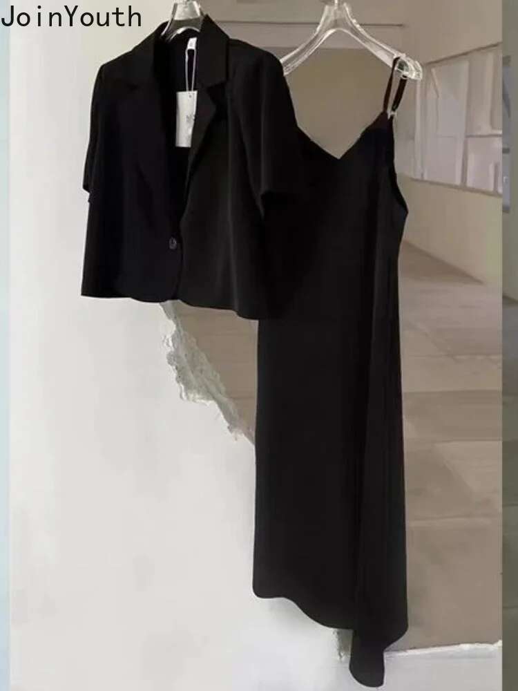2025 Women Clothing Two Piece Sets Womens Outfits Short Sleeve Blazer Coat Tunic Sling Maxi Dress Suit Temperament Summer Set
