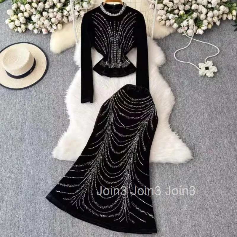 Temperament Women Clothing Two Piece Sets Heavy Beading O-neck Tunic Tops High Waist Bodycon Skirt Outfits Fashion Velvet Suit