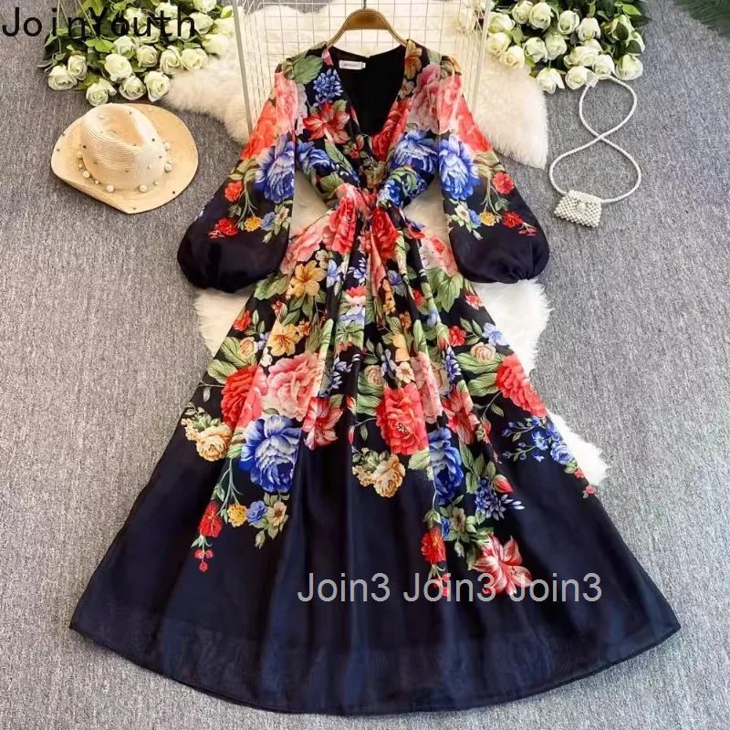 Elegant Floral Dress for Women 2025 Vestidos De Mujer V-necklantern Sleeve A-line Robe Femme Vintage High Waist Maxi Dresses