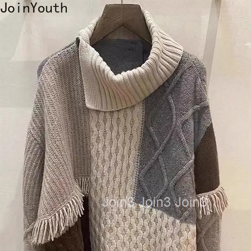 Winter Clothing Contrast Color Pullovers for Women Chic Jumper Korean Sueter Mujer Thicked Turtleneck Casual Knit Sweater Tops