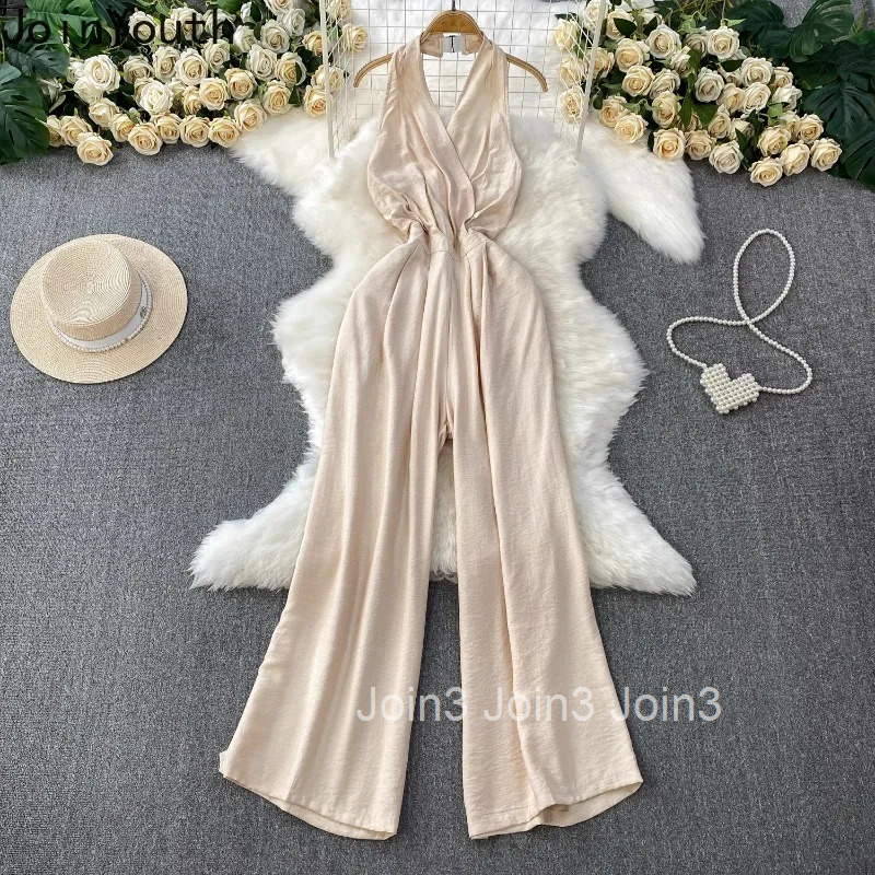 Summer Jumpsuits for Women Temperament Sexy Backless Bodysuit Slim Waist High Waist Straight Wide Leg Pants Chic Korean Playsuit