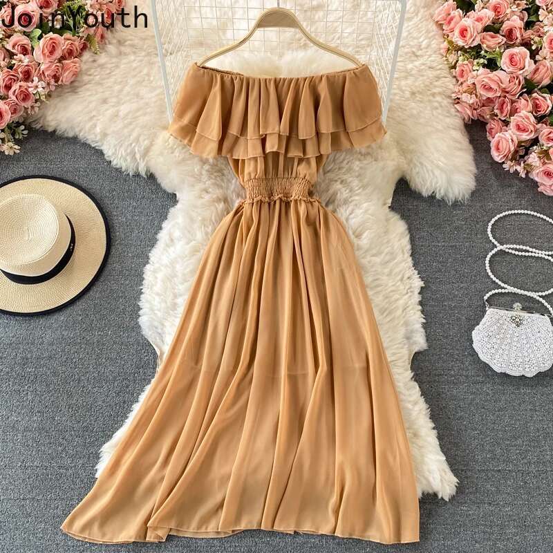 Summer Dress for Women High Waist Big Swing A-line Robe Femme Slash Neck Ruffles Chiffon Sexy Dresses 2025 Vestidos De Mujer