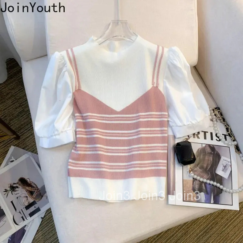 2025 Ropa Mujer Shirts for Women Chic Fake Two Tshirt Patchwork Contrast Color Knitted T Shirts Crop Tops Fashion Summer Tees