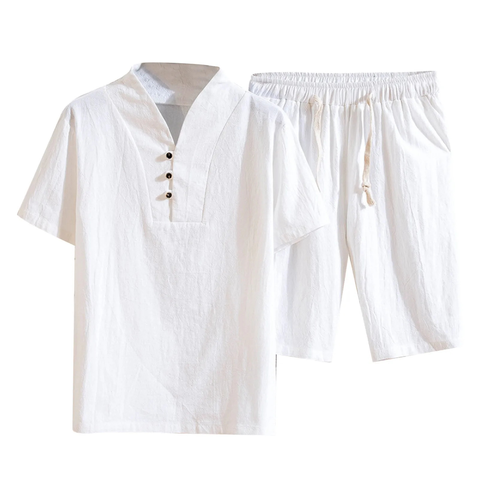 Mens Cotton And Linen Set 2 Piece Solid Color comfortable Clothing Suits Commercial Sports And Leisure Short Mens Suits 250619