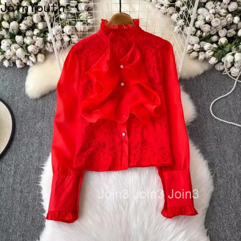 2025 Camisas De Mujer Lace Blouses for Women Stand Neck 3D Floral Shirts Temperament Lady Tops Sweet Ruffles Vintage Chic Blouse