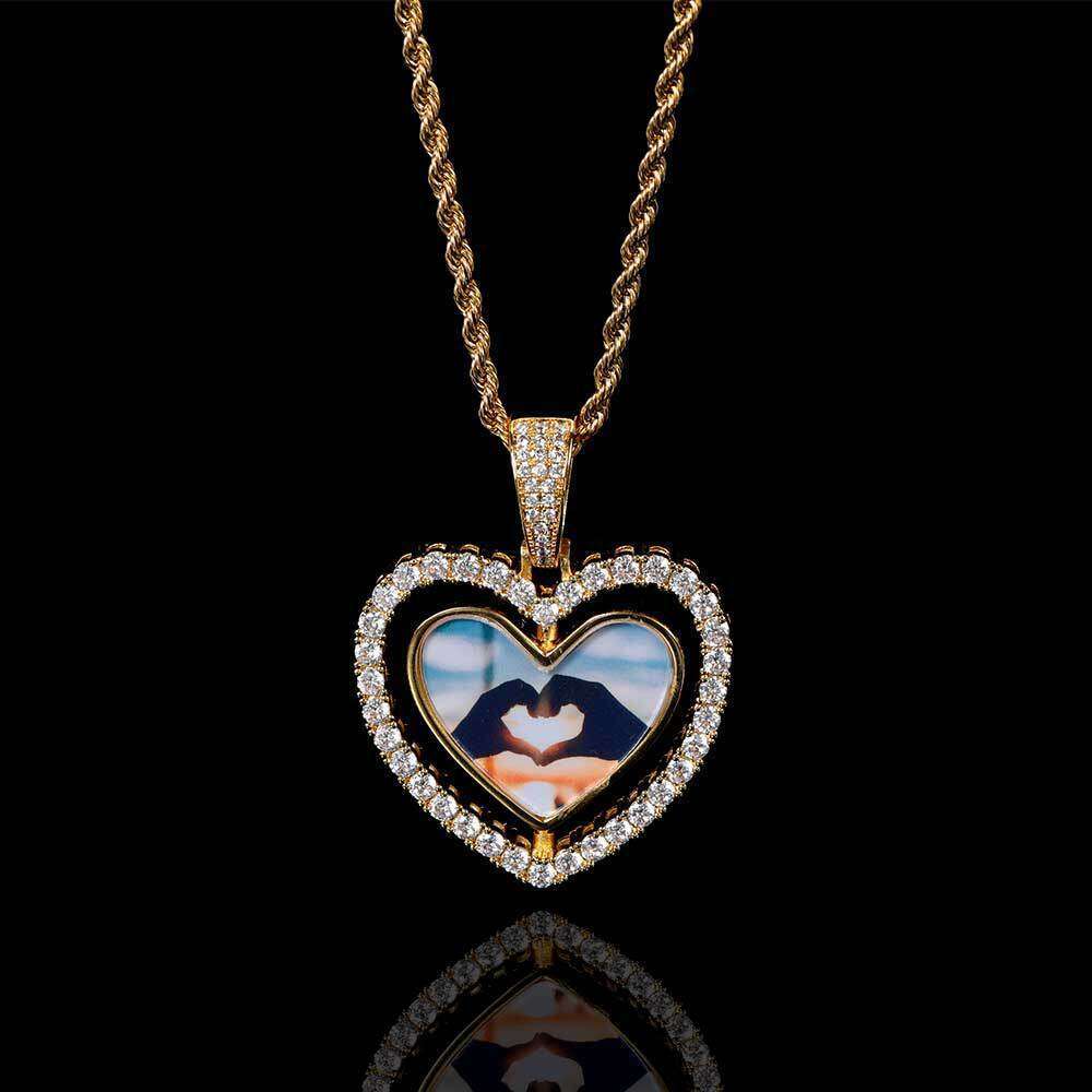 Hip Hop Rotatable Double-Sided Heart with Zircon Inlay Hollow Frame Necklace Photo Pendant 95a1
