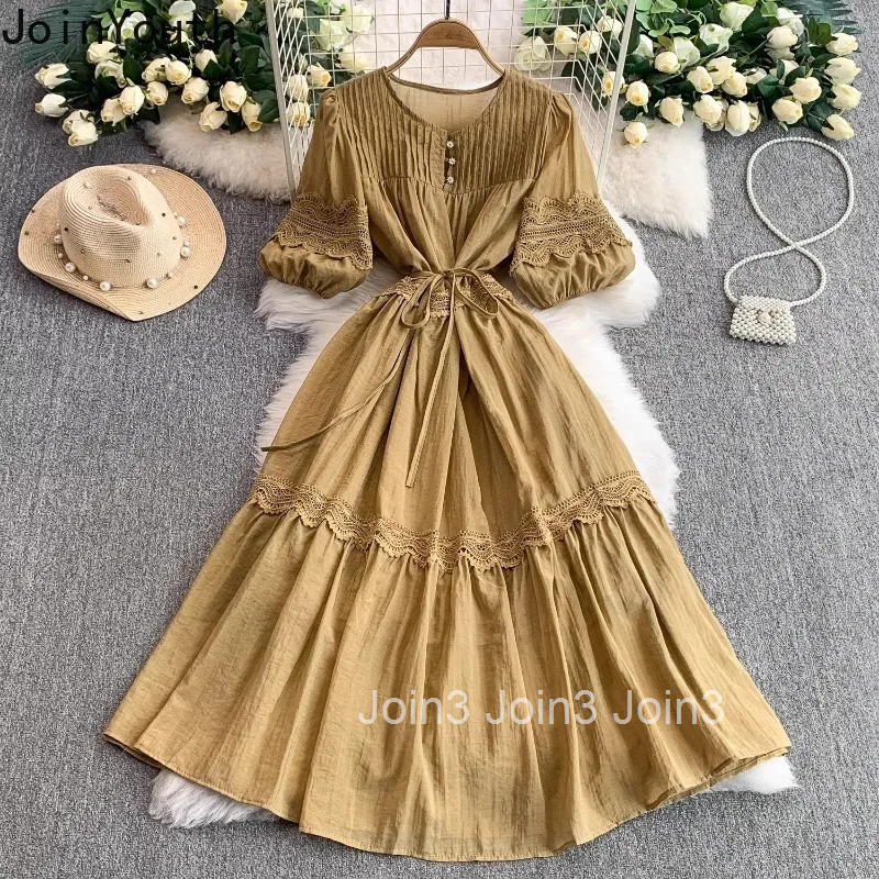2025 Vestidos De Mujer Summer Dress for Women Slim Waist Patchwork Lace Robe Femme Lantern Sleeve O-neck Tunic Vintage Dresses