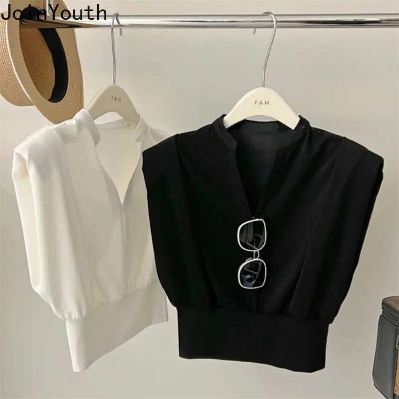 T Shirts for Women Crop Tops Flying Sleeve V-neck Tees Fashion Summer Camisetas Casual Loose White T-shirts 2025 Ropa Mujer