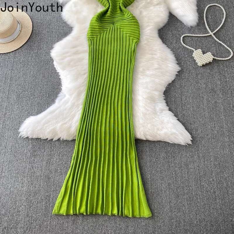 Knitted Tunic Maxi Dress for Women Square Collar Sleeveless Summer Robe Femme Bodycon Pleated Dresses 2025 Vestidos De Mujer