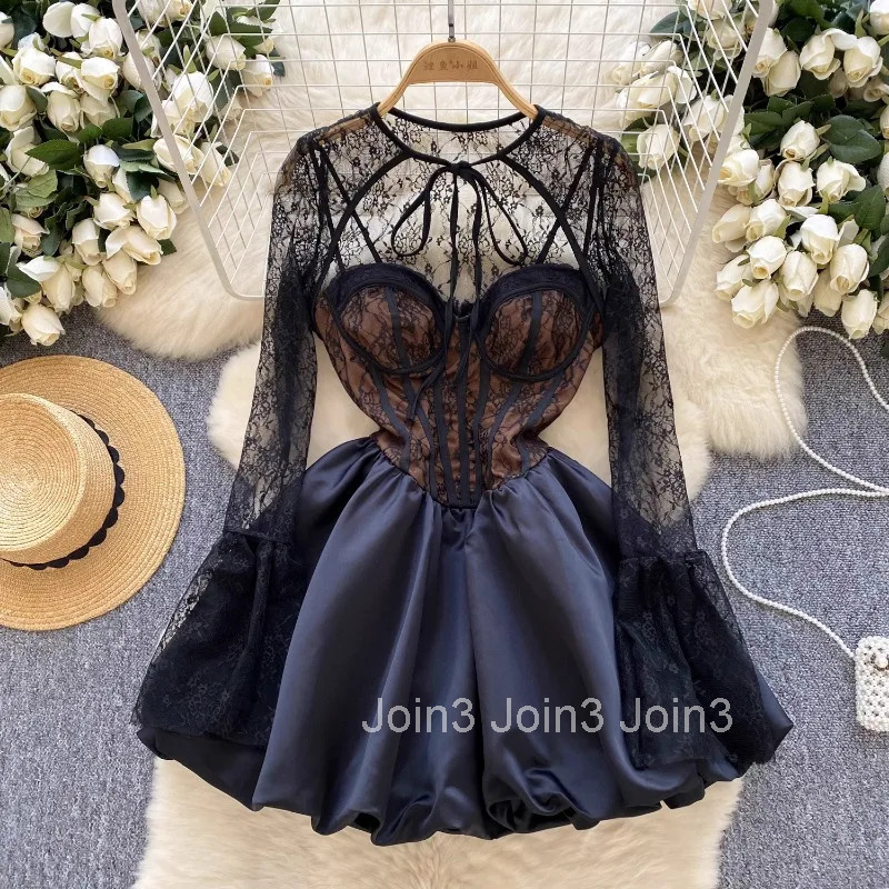 Dress Outfits Women Clothing Lace See Through Tops Tunic Bandage A-line Sweet Dresses Suit Fashion Summer Korean 2 Piece Sets
