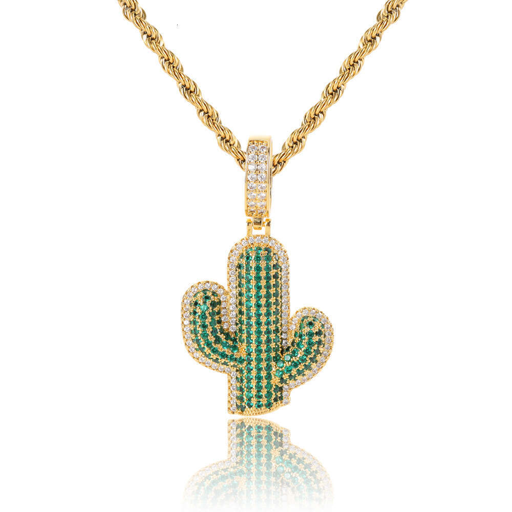 Micro Paved Zircon Solid Cactus Men's Pendant Real Gold Plated Street Fashion Brand Hip Hop Necklace 345f