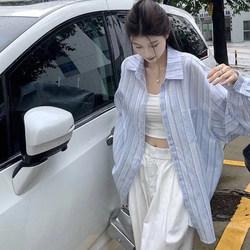 Pink Striped Shirt Women Korean Style Loose Long Sleeved Button Up Blouse Ladies Autumn Wild Streetwear Casual Shirts 250616
