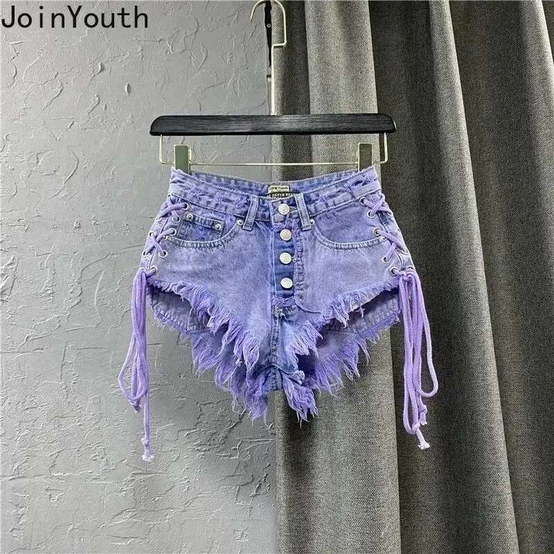 Single Breasted Denim Shorts Women 2025 New Bottoms Bandage Chic Tassel Y2k Wide Leg Shorts Summer Pantalones Cortos De Mujer