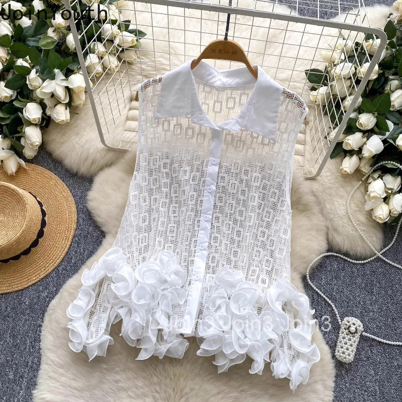 White Blouses Women Clothing Sleeveless Irregular Ruffles Hollow Out Shirts 2025 Blusas Mujer De Moda Temperament Summer Tops