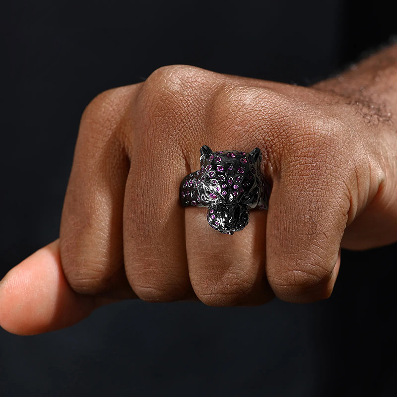 Luxury Jewelry Accessories Moissanite Inlaid Hip Hop Trendy Cute Leopard Head Ring for Women Creative Personality Animal Leopard Head Finger Accessory