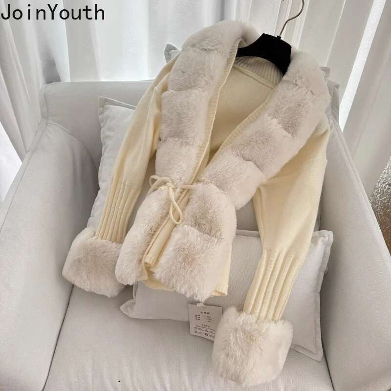 Temperament Sueter Mujer Cardigan Coat Bandage Slim Waist Furry Pull Femme Thicked Fashion Sweater Tops 2025fall Winter Clothes