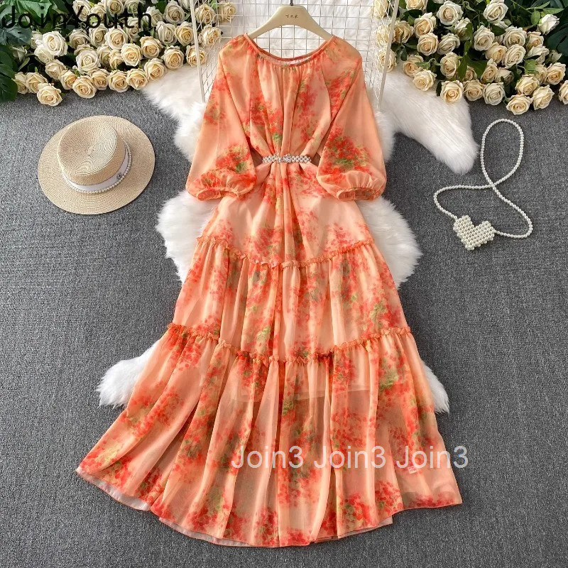 Chiffon Dress for Women Lantern Sleeve Print Summer Robe Femme Ruffles Slim Waist Big Swing Maxi Dresses 2025 Vestidos De Mujer