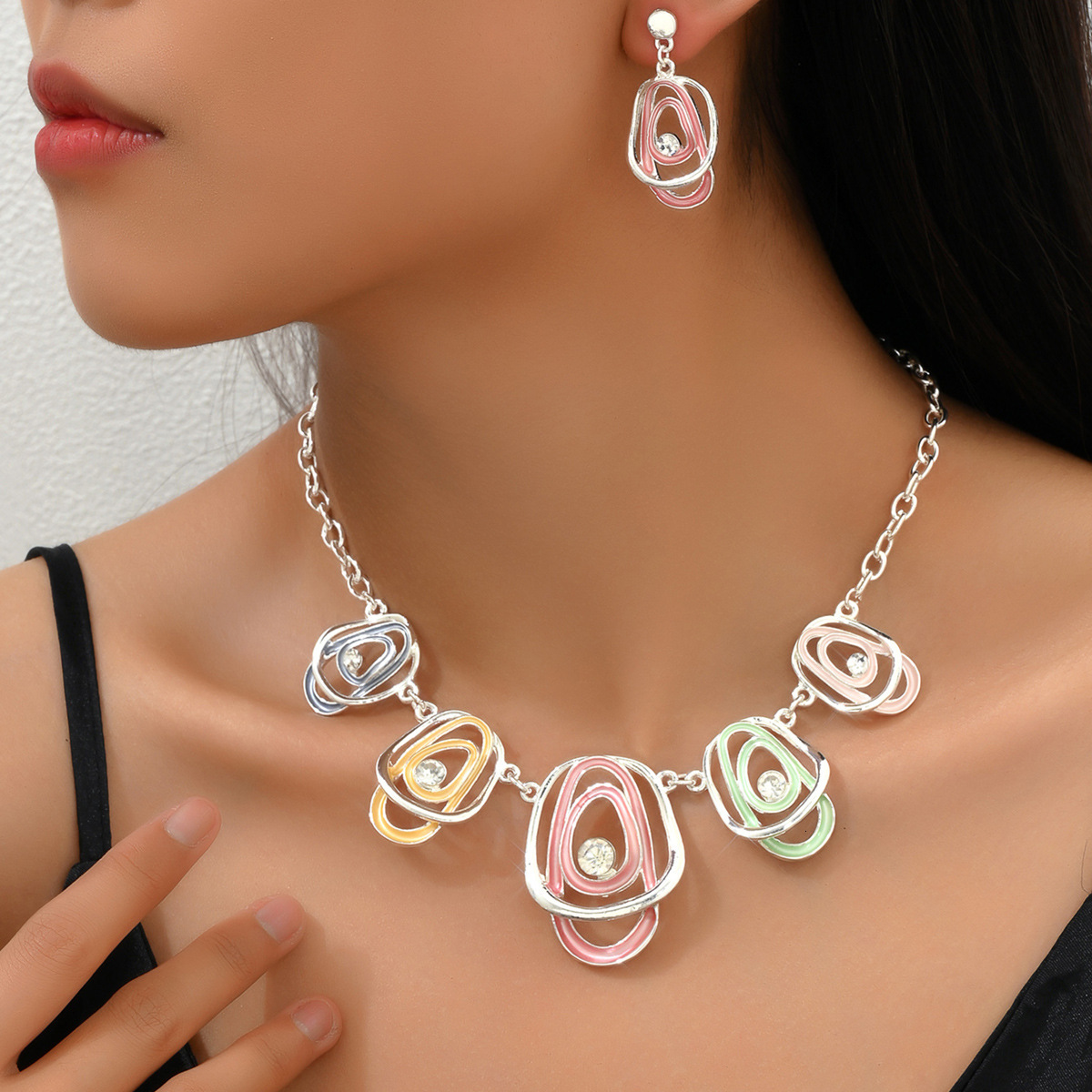 Trendy Fashion And Earring Set Irregular Inlaid Long Necklace For Women Unique Earrings