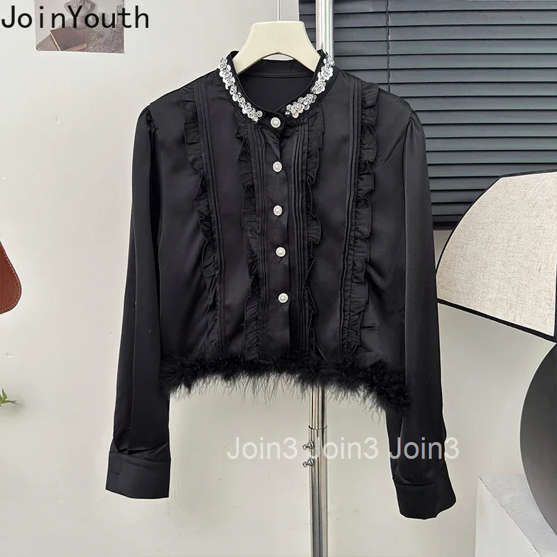 White Crop Tops Blouses for Women Diamond O-neck Long Sleeve Shirts 2025 Blusas Mujer De Moda Tunic Ruffles Temperament Blouse