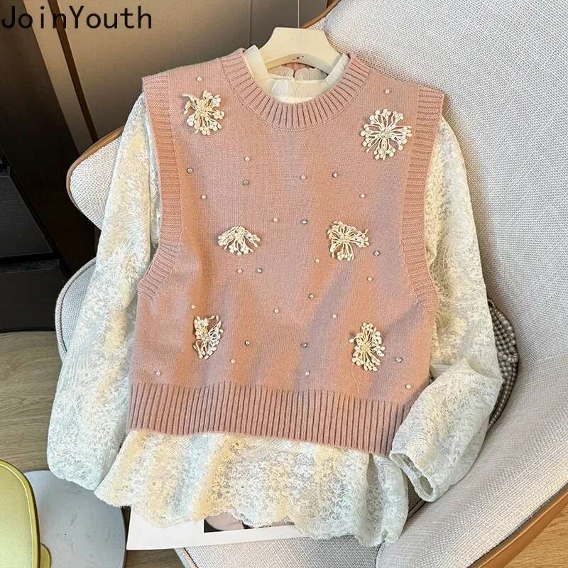 Sweet Vest Sweater Suit Fashion Two Piece Sets Women Clothing Beading 3D Floral Tanks Lace Embroidery Long Sleeve Shirts Outfits