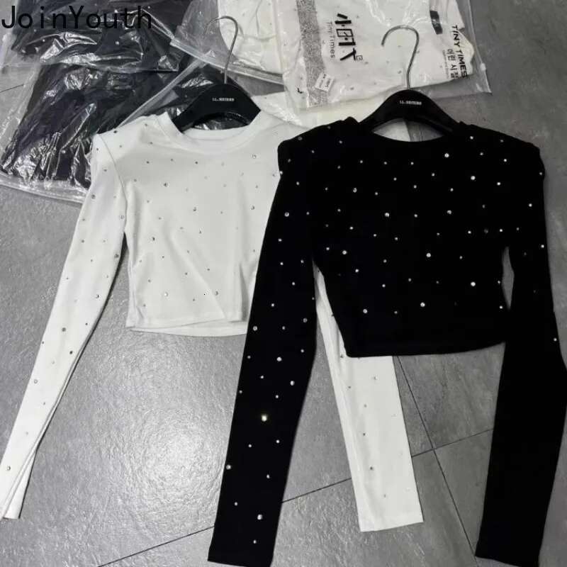 Crop Tops Fashion Tshirts for Women O-neck Long Sleeve Korean Tees 2025 Ropa Mujer Temperament Diamond Tunic Black Y2l Tshirt