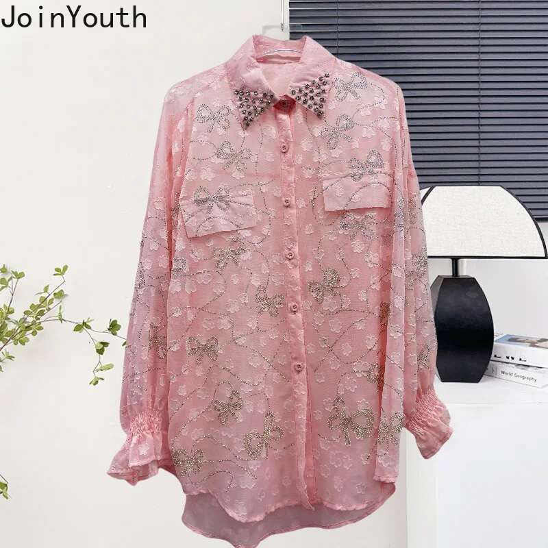 Summer Blouses Fashion Womens Clothing 2025 Blusas Mujer De Moda Long Sleeve Chiffon Diamond See Through Shirts Tops Female