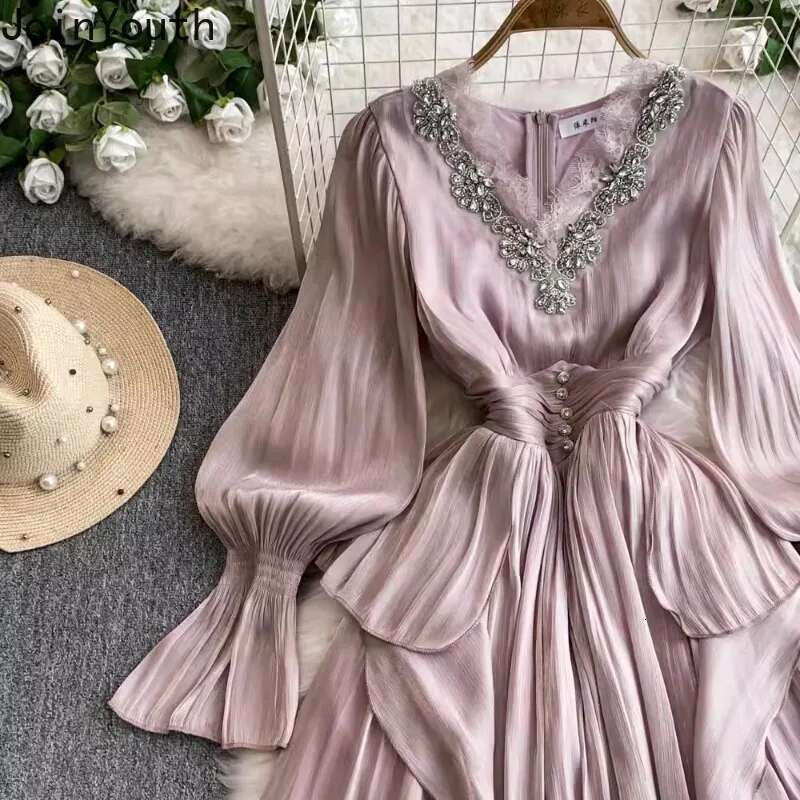 Temperament Robe Femme V-neck Flare Sleeve Dresses for Women 2025 Vestidos De Mujer Chic Diamond Ruffles Elegant Pleated Dress