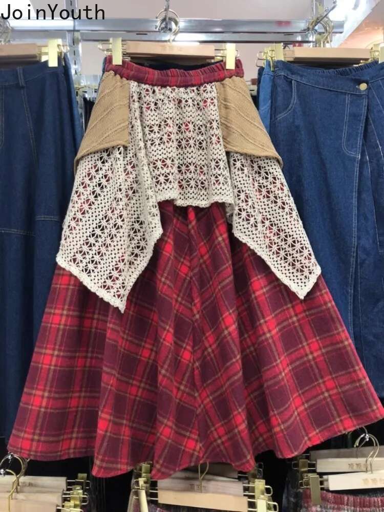 Fashion Skirts Womens Patchwork Plaid A-line Jupe Korean Saia High Waist A-line Irregular Y2k Skirts 2025 Faldas Mujer De Moda