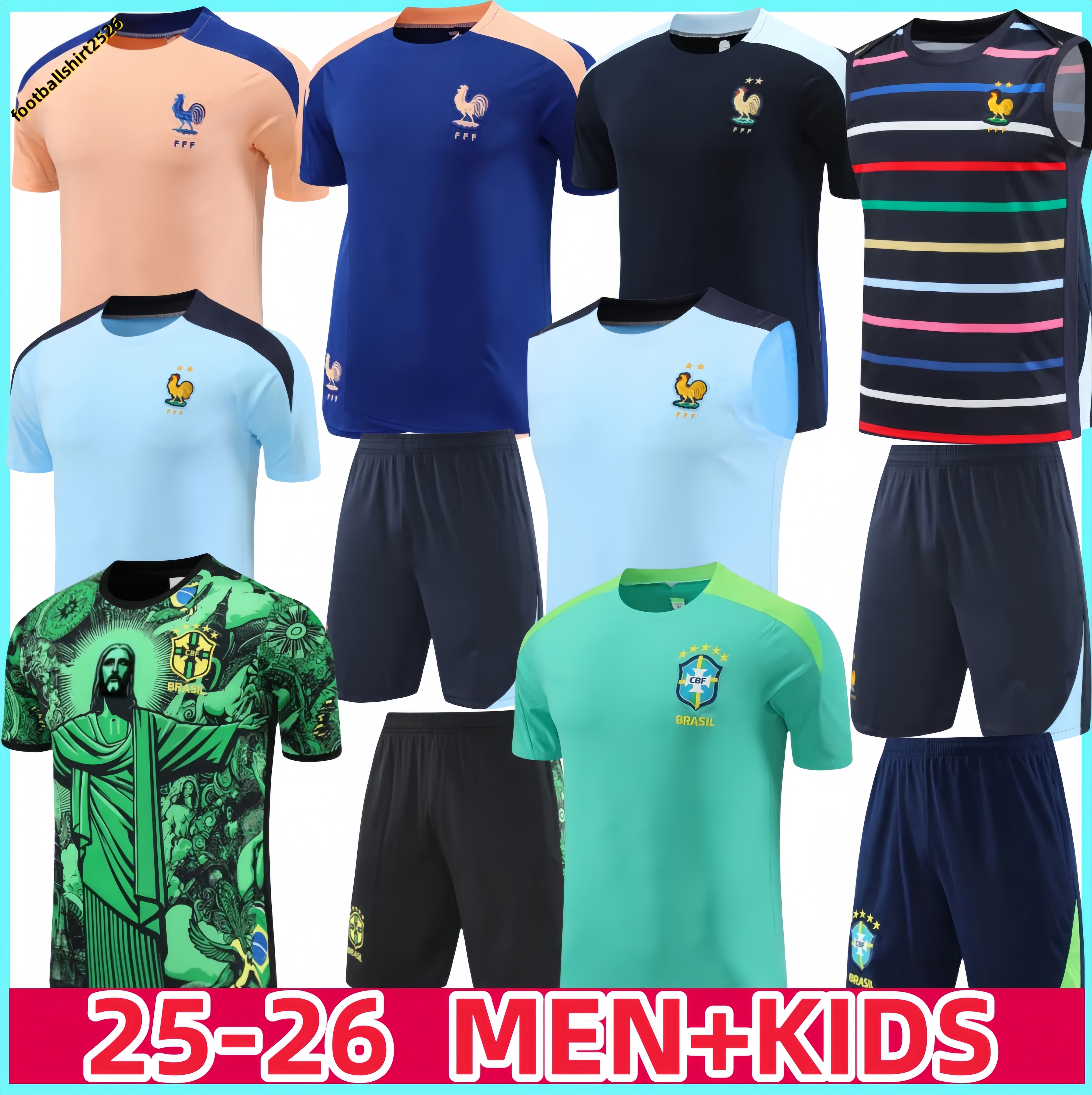 2025/2026 men kids French fra nceT-shirt tracksuit soccer jersey BENZEMA MBAPPE 25/26 Brazil training suit Short sleeves chandal de futbol sweatshirt mens kids kit