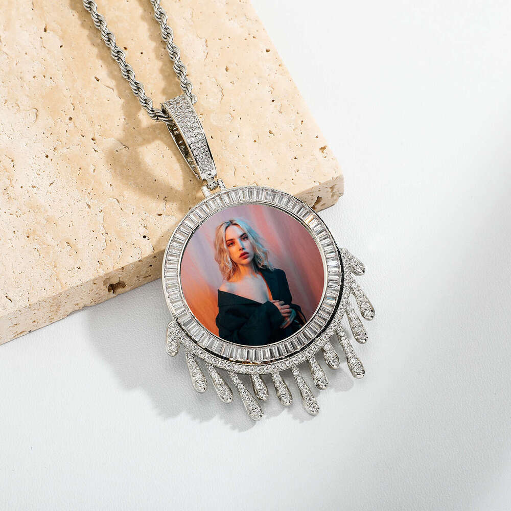 Jin Ao T Square Full Dia Water Drop Hip-Hop Photo Frame Pendant Necklace for Men and Women Couple Jewelry