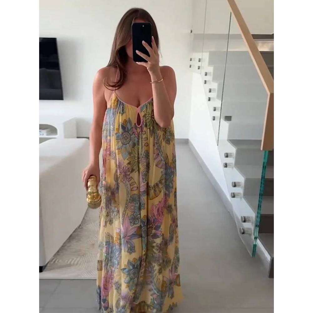 Print Floral Women's Dress Halter V-neck Sleeveless Hollow out Straight Female Dresses 2025 Summer Elegant Vacation Lady Robe