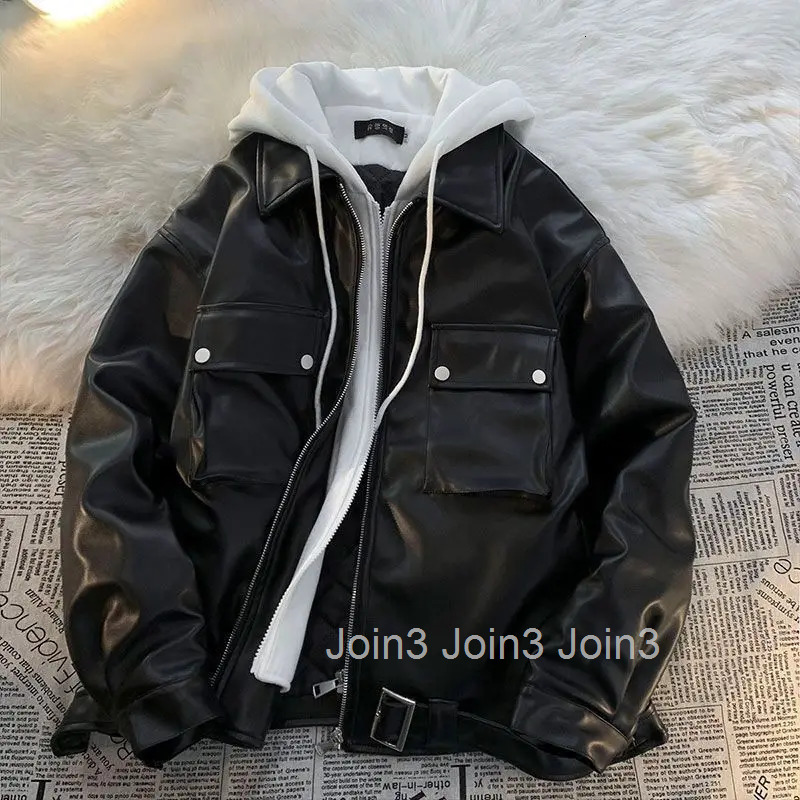 Streetwear Hooded Leather Jackets 2025 Women Clothing Patchwork Fake Two Vintage Outwear Harajuku Fashion Casual Y2k Coat Tops