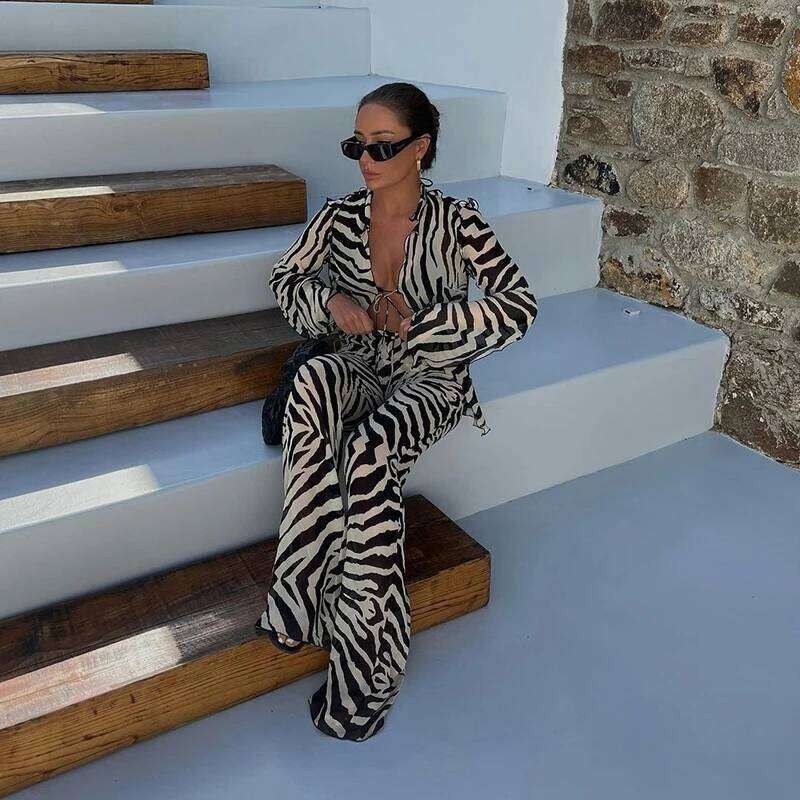 Cryptographic Animal Print Mesh Sheer Stripe Tie Front Detail Top Matching Fashion Outfits 2 Piece Sets Holiday Beachwear