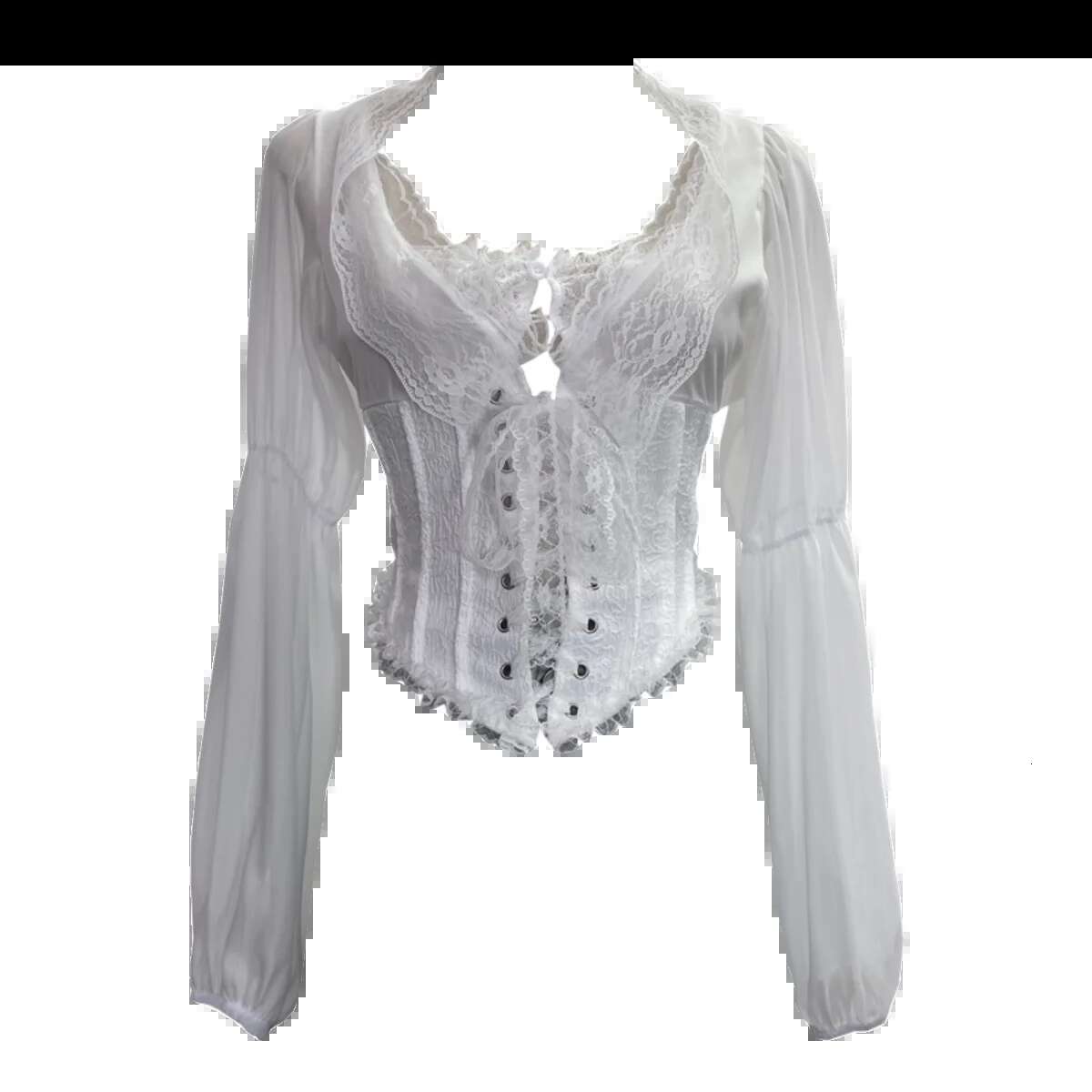 Crop Tops Blouses for Women Long Sleeve Patchwork Lace Slim Waist Bandage Shirts 2025 Camisas De Mujer Chiffon Summer Blouse