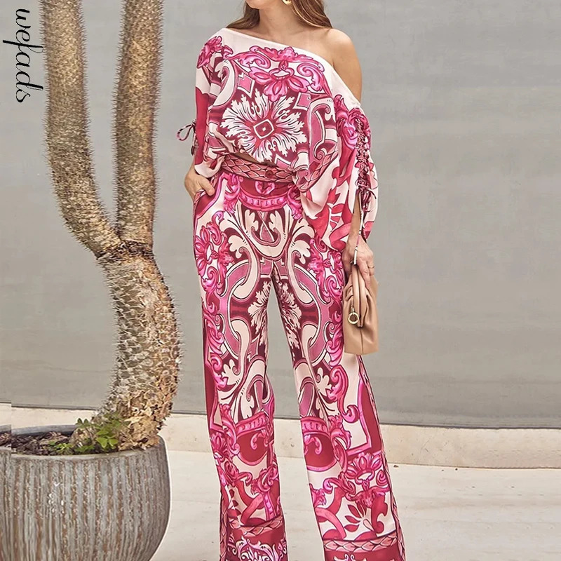 Wefads Women Two Piece Set Casual Fashion Printed One Shoulder Drawstring Shirring Ioose Top With Pocket Wide Leg Pants Set 250617