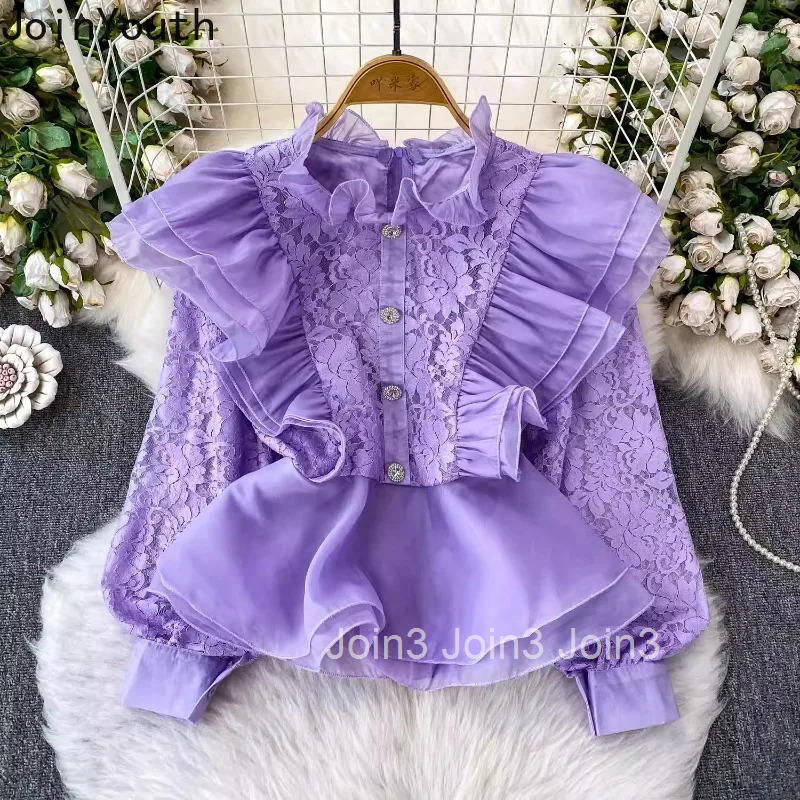 Sweet Blouse Womens Clothing 2025 Camisas De Mujer Slim Waist Stand Neck Patchrk Lace Shirts Ruffles Fashion Summer Crop Tops
