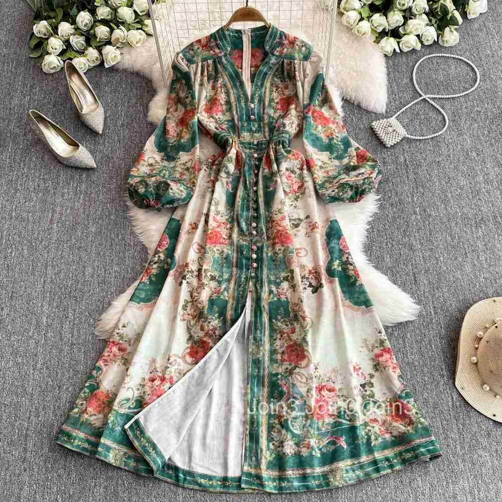 Deep V-neck Floral Dress Women Single Breasted Tunic Temperament Robe Femme 2025 Vestidos De Mujer Vintage Summer Maxi Dresses
