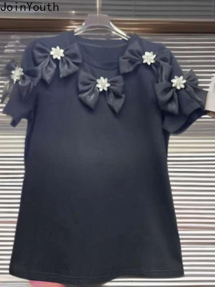 Women Clothes Summer T Shirts Beading 3D Floral Sweet Tees 2025 Ropa Mujer Casual Chic Tshirt Tops Short Sleeve O-neck Camisetas
