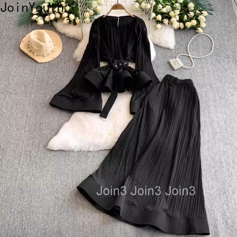 Two Piece Sets Womens Outifits Korean Clothing O-neck Flare Sleeve Shirt High Waist A-line Skirt Suit Solid Color Pleated Set