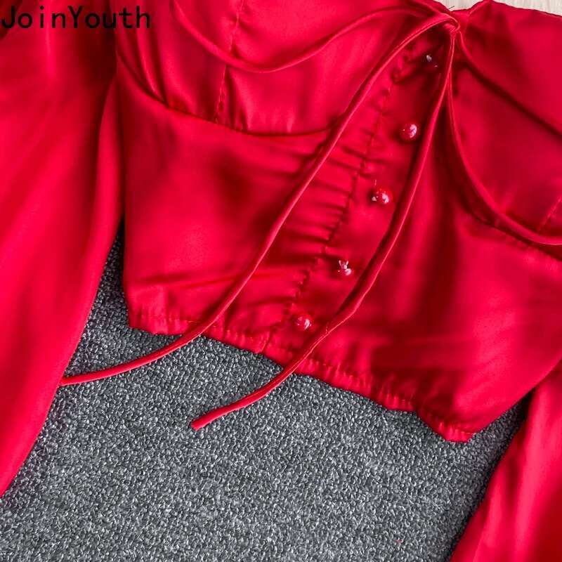 Sexy Crop Tops Blouses Women Long Sleeve Slash Neck Off Shoulder Shirts 2025 Blusas Mujer De Moda Fashion Folds Summer Blouse