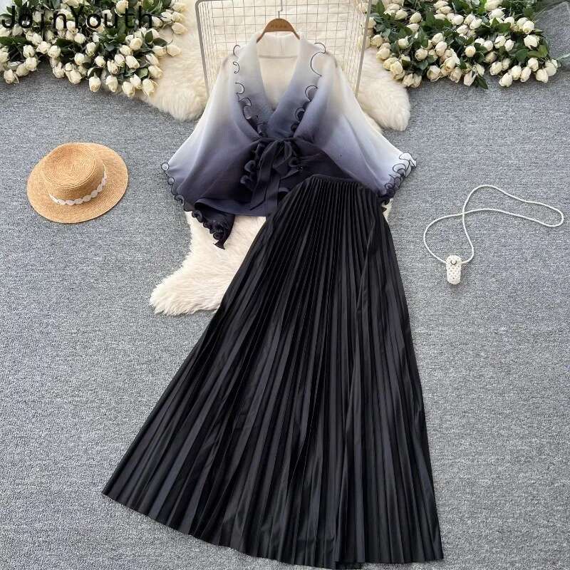 Skirt Suit Two Piece Sets Womens Outfits Roupas Femme Bandage Gradient Ruffles Tops High Waist Pleated Long Skirts Elegant Set